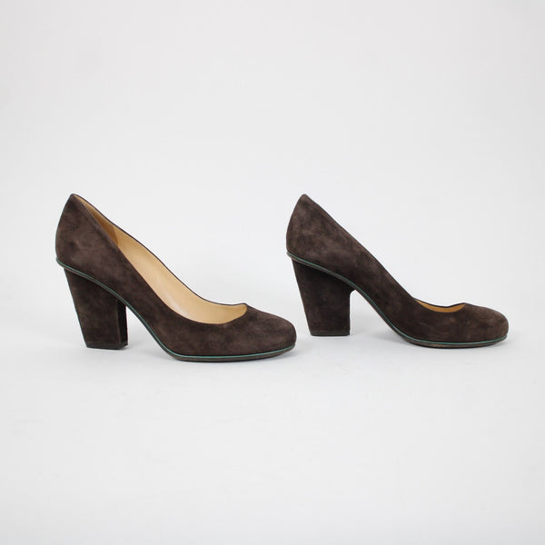 Kate Spade Sz 9 B Brown Green Trim Slip On Suede Upper Leather Inner 3" Heels