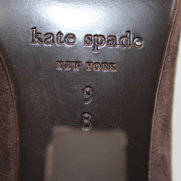 Kate Spade Sz 9 B Brown Green Trim Slip On Suede Upper Leather Inner 3" Heels