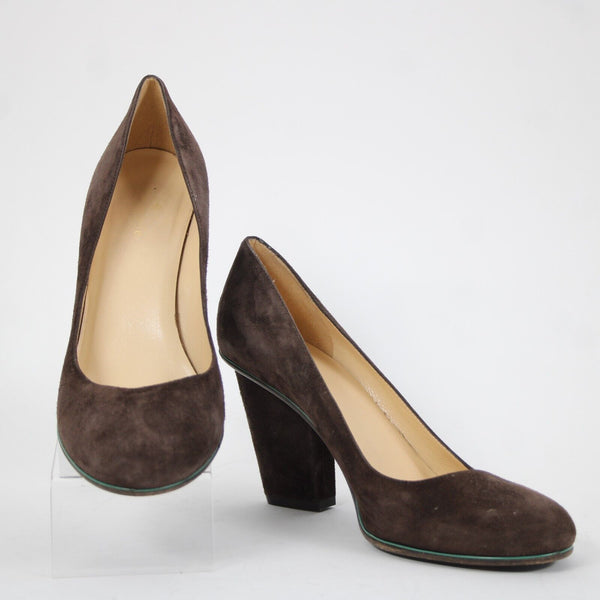 Kate Spade Sz 9 B Brown Green Trim Slip On Suede Upper Leather Inner 3" Heels