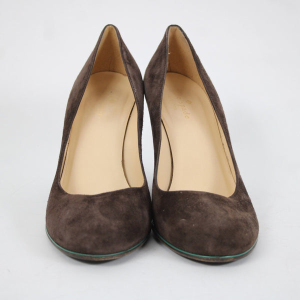 Kate Spade Sz 9 B Brown Green Trim Slip On Suede Upper Leather Inner 3" Heels