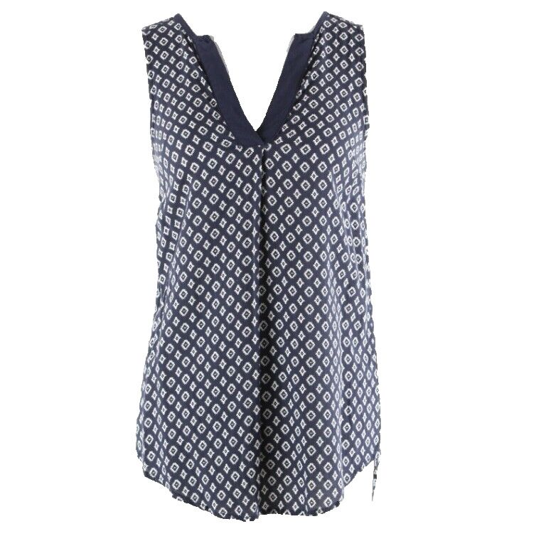 Illa Illa Sz S Navy Blue White Hi Lo V Neck 100% Rayon Woven Top