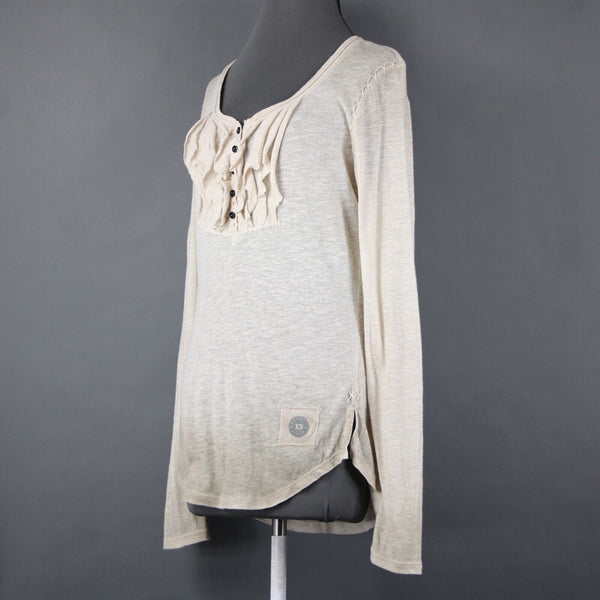 Double D Ranch Sz M Tan Ruffled Embroidered No Fabric Label Top