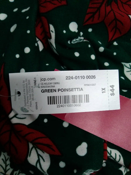 City Streets NEW $44 Sz 1X Green Red Multi Poinsettia Poly Spandex Knit Dress