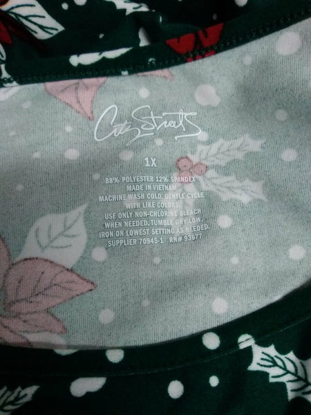 City Streets NEW $44 Sz 1X Green Red Multi Poinsettia Poly Spandex Knit Dress