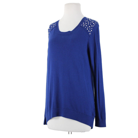 Michael Kors Sz S Navy Blue Silver Rhinestones Hi Lo Cotton Nylon Tunic Sweater