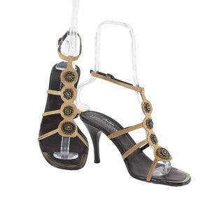 Donald J Pliner Najam Sz 8.5M Tan Brown Brass Suede 3.5" Heels