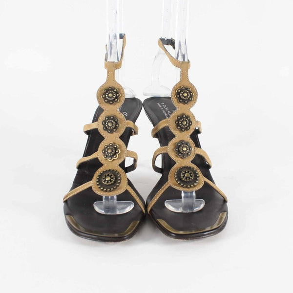 Donald J Pliner Najam Sz 8.5M Tan Brown Brass Suede 3.5" Heels