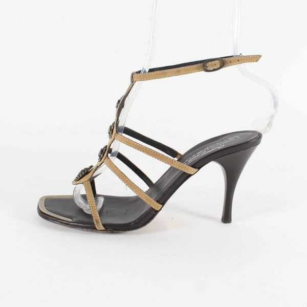 Donald J Pliner Najam Sz 8.5M Tan Brown Brass Suede 3.5" Heels