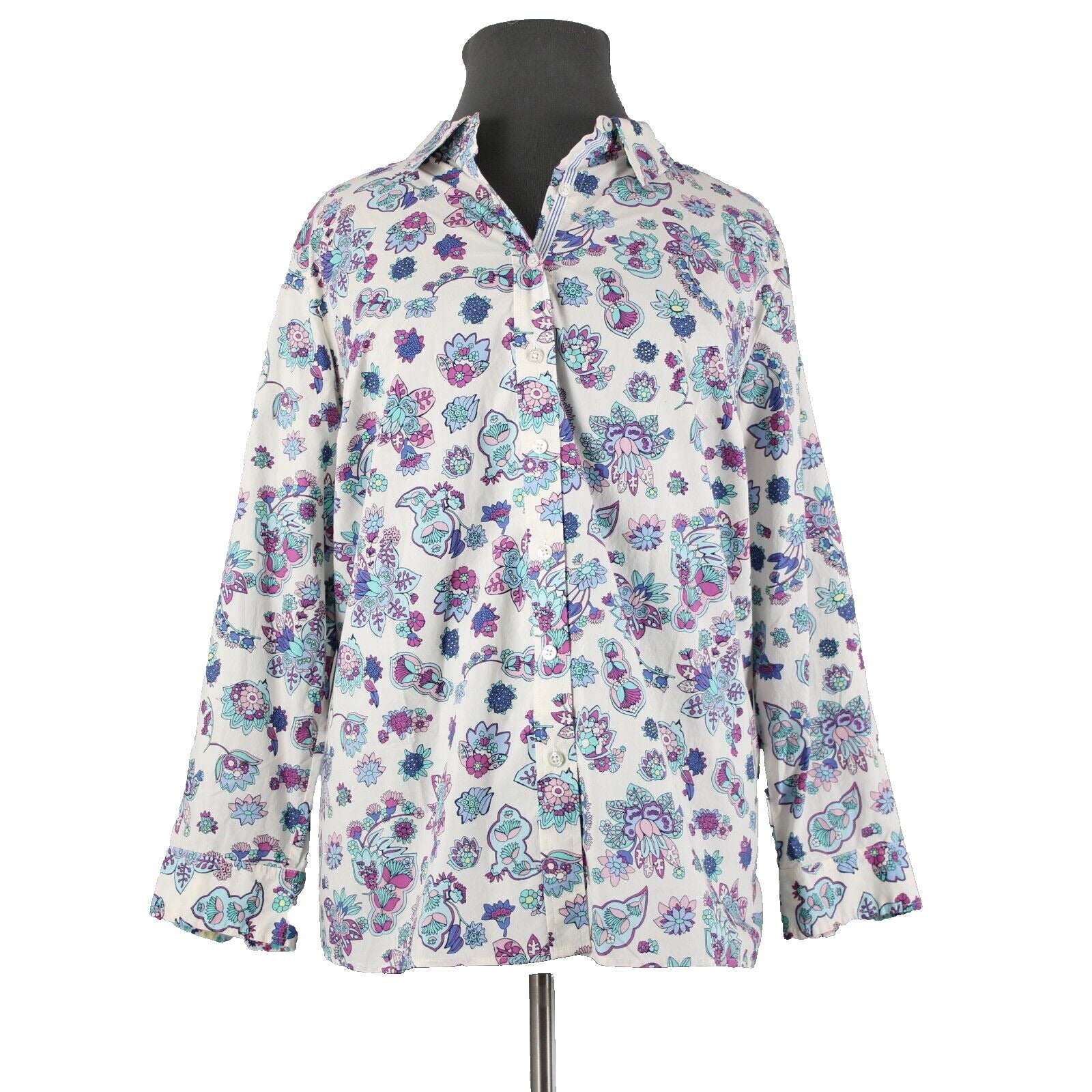 Talbots NEW $60 Sz 3X White Purple Multi Color Floral Button 100% Cotton Top