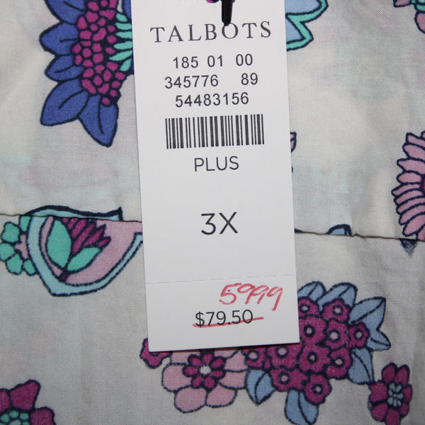 Talbots NEW $60 Sz 3X White Purple Multi Color Floral Button 100% Cotton Top