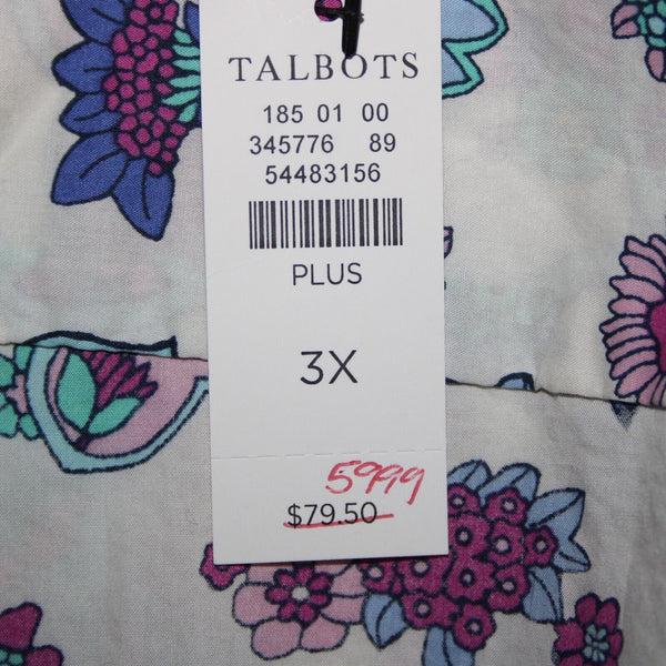Talbots NEW $60 Sz 3X White Purple Multi Color Floral Button 100% Cotton Top