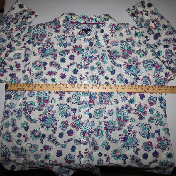 Talbots NEW $60 Sz 3X White Purple Multi Color Floral Button 100% Cotton Top