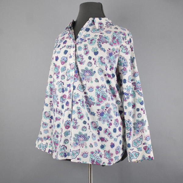 Talbots NEW $60 Sz 3X White Purple Multi Color Floral Button 100% Cotton Top