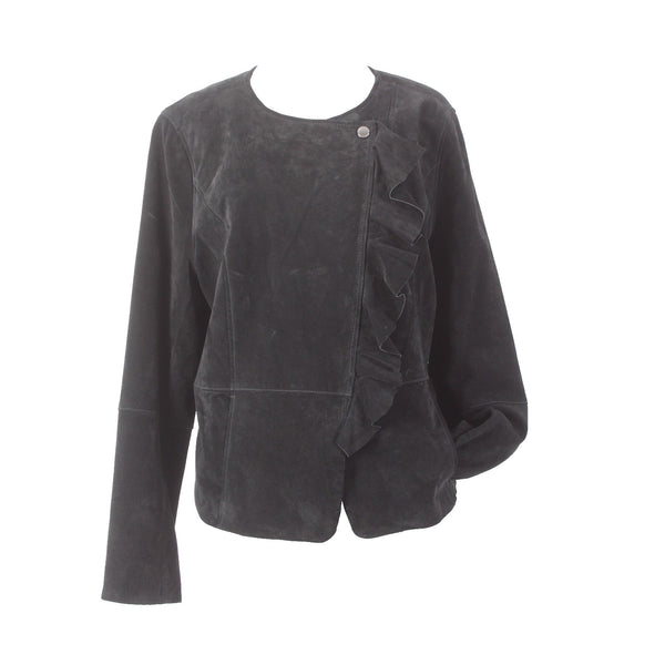 Isaac Mizrahi Live Jacket Sz 16 Black Pockets Ruffles Suede Poly Jacket
