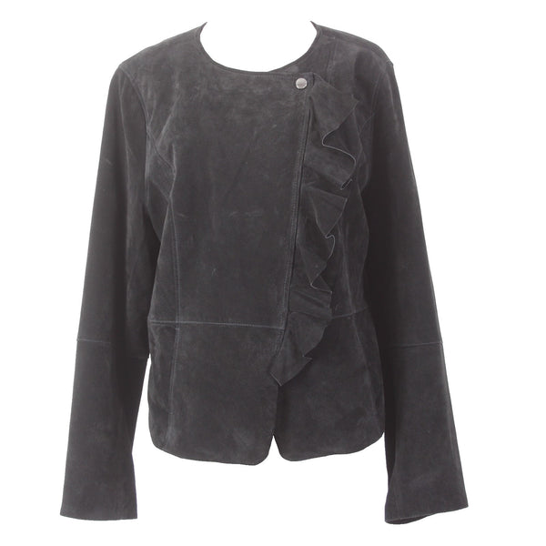 Isaac Mizrahi Live Jacket Sz 16 Black Pockets Ruffles Suede Poly Jacket