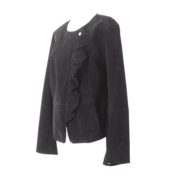 Isaac Mizrahi Live Jacket Sz 16 Black Pockets Ruffles Suede Poly Jacket