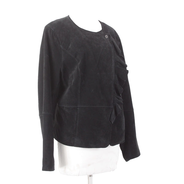 Isaac Mizrahi Live Jacket Sz 16 Black Pockets Ruffles Suede Poly Jacket