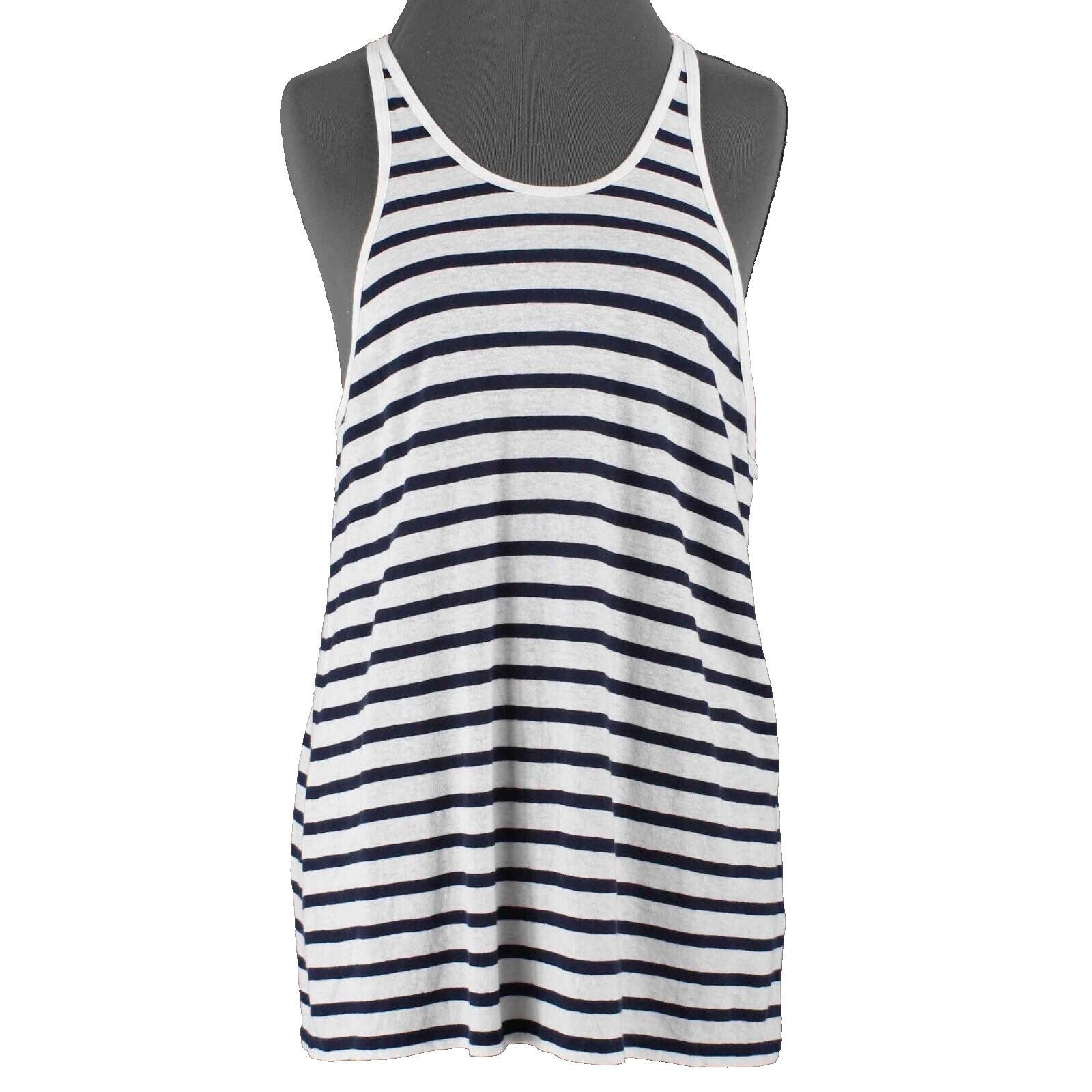 Alexander Wang Sz L Navy Blue White Stripe Racerback Linen Cotton Tank Top