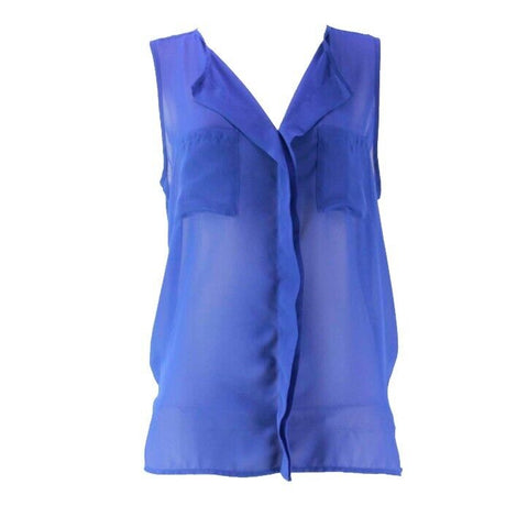 Mine Sz L Royal Blue Rayon Poly Blend Sleeveless Sheer Front Pocket Top
