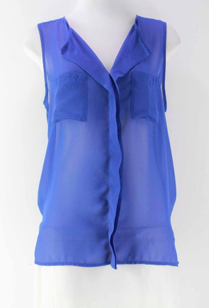 Mine Sz L Royal Blue Rayon Poly Blend Sleeveless Sheer Front Pocket Top