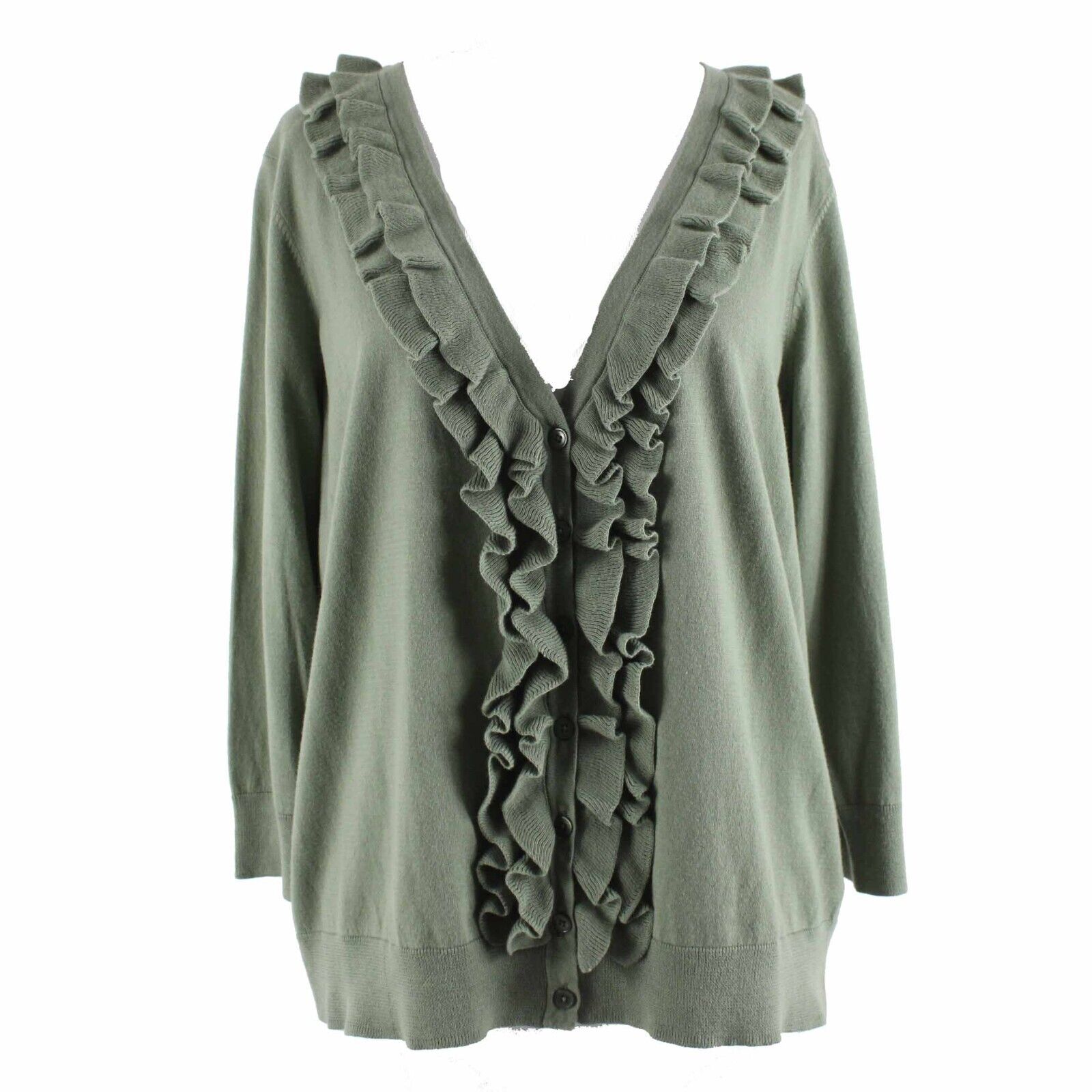 Talbots Petite Sz 1XP Green V Neck Ruffles 100% Pima Cotton Cardigan Sweater