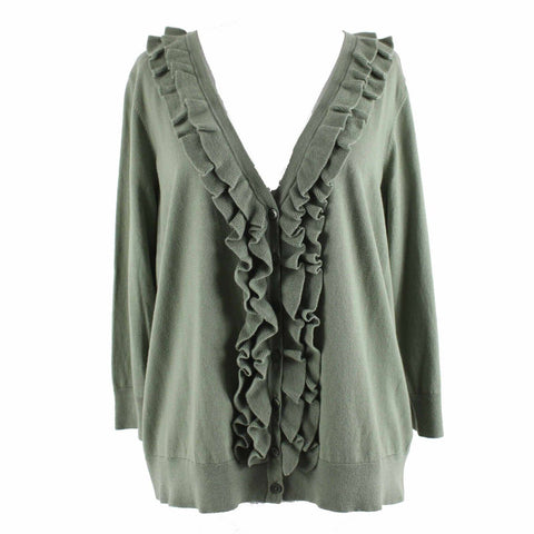Talbots Petite Sz 1XP Green V Neck Ruffles 100% Pima Cotton Cardigan Sweater