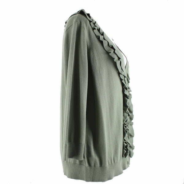 Talbots Petite Sz 1XP Green V Neck Ruffles 100% Pima Cotton Cardigan Sweater