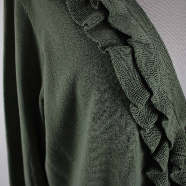 Talbots Petite Sz 1XP Green V Neck Ruffles 100% Pima Cotton Cardigan Sweater