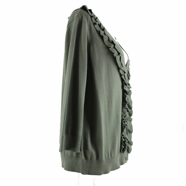 Talbots Petite Sz 1XP Green V Neck Ruffles 100% Pima Cotton Cardigan Sweater