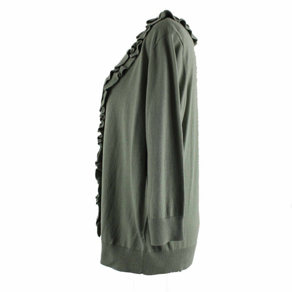 Talbots Petite Sz 1XP Green V Neck Ruffles 100% Pima Cotton Cardigan Sweater