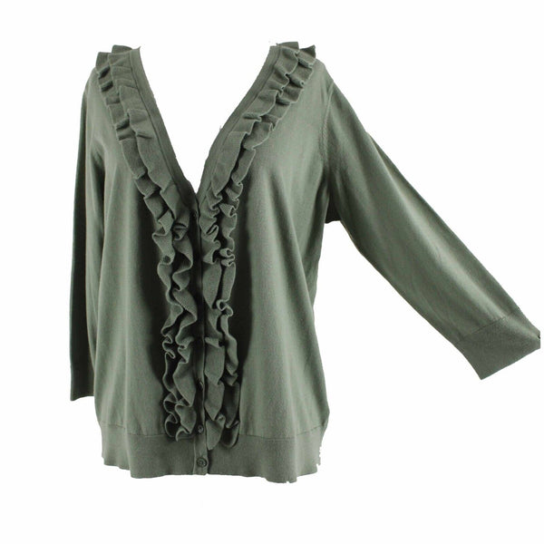 Talbots Petite Sz 1XP Green V Neck Ruffles 100% Pima Cotton Cardigan Sweater
