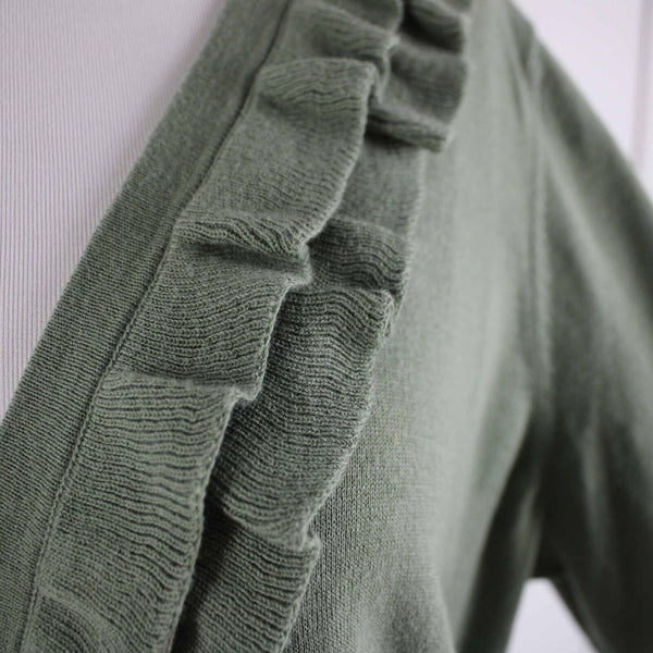 Talbots Petite Sz 1XP Green V Neck Ruffles 100% Pima Cotton Cardigan Sweater