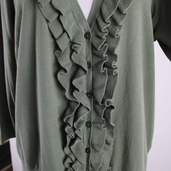Talbots Petite Sz 1XP Green V Neck Ruffles 100% Pima Cotton Cardigan Sweater
