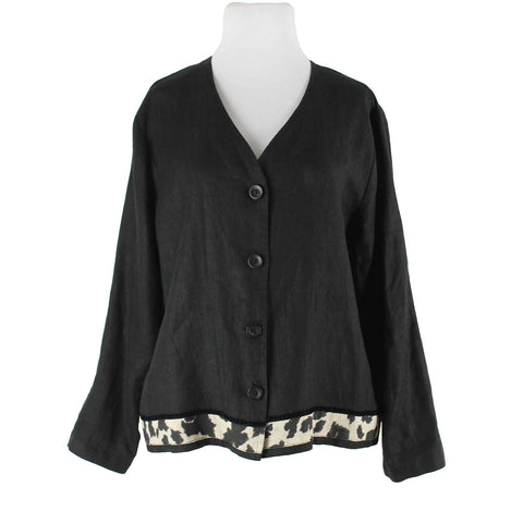 Hot Cotton Sz S Black Ivory Animal Print Button Front 100% Linen Cardigan Jacket