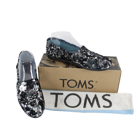 Toms Classics Metal $115 Sz 8 Black Silver Brushed Metallic Fabric Flats