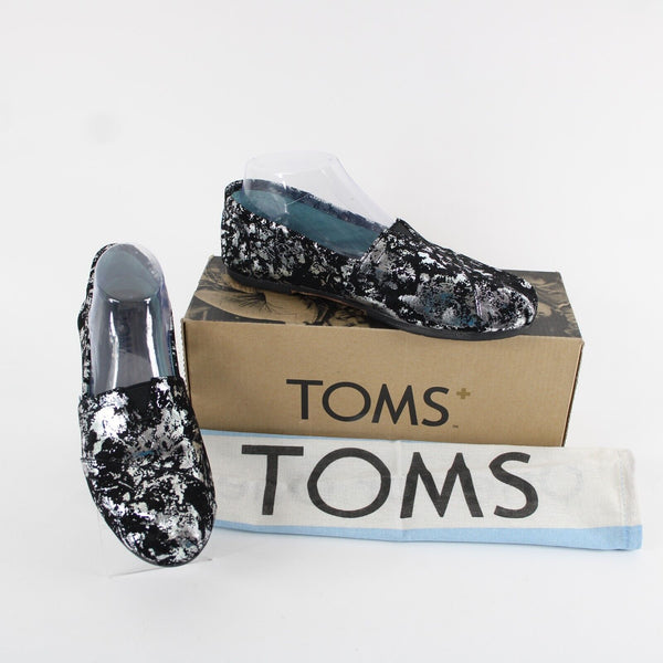 Toms Classics Metal $115 Sz 8 Black Silver Brushed Metallic Fabric Flats