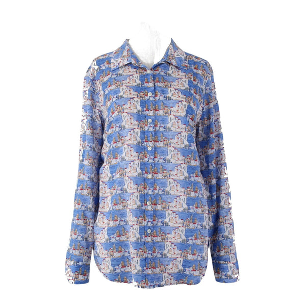 Talbots Top Sz L Blue Multi Colored Collared Buttons 100% Cotton Top