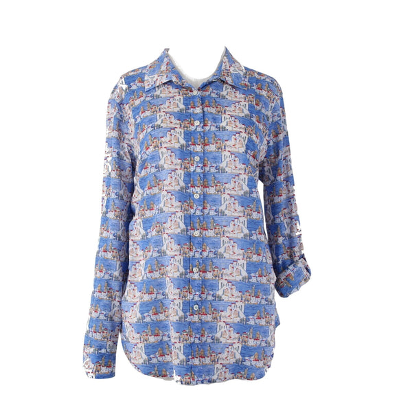 Talbots Top Sz L Blue Multi Colored Collared Buttons 100% Cotton Top
