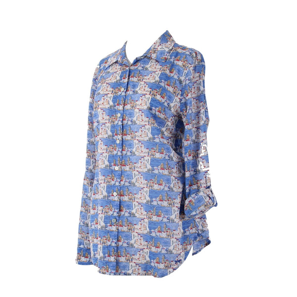 Talbots Top Sz L Blue Multi Colored Collared Buttons 100% Cotton Top