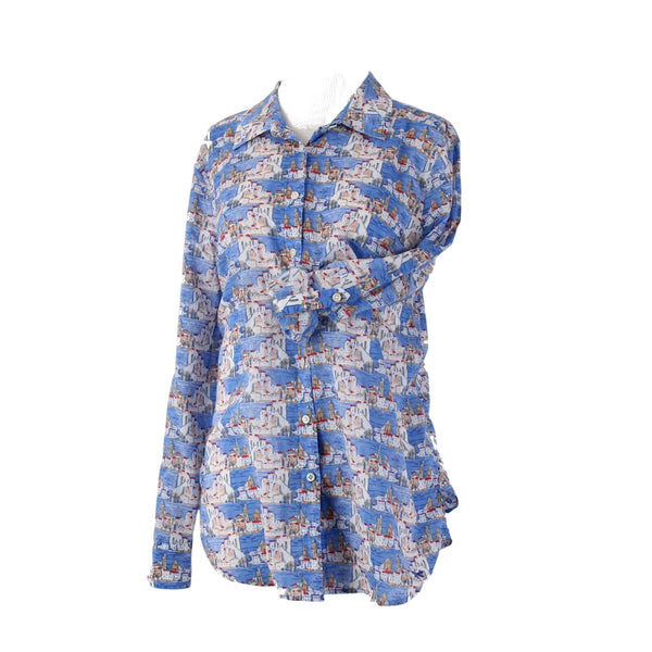 Talbots Top Sz L Blue Multi Colored Collared Buttons 100% Cotton Top