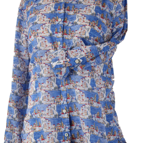 Talbots Top Sz L Blue Multi Colored Collared Buttons 100% Cotton Top