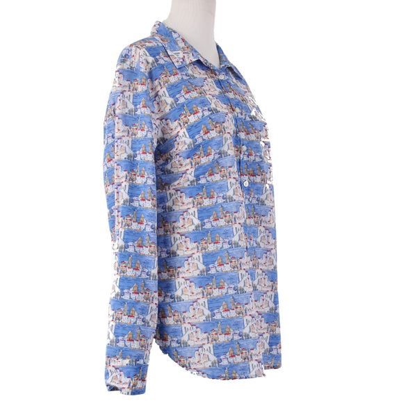 Talbots Top Sz L Blue Multi Colored Collared Buttons 100% Cotton Top