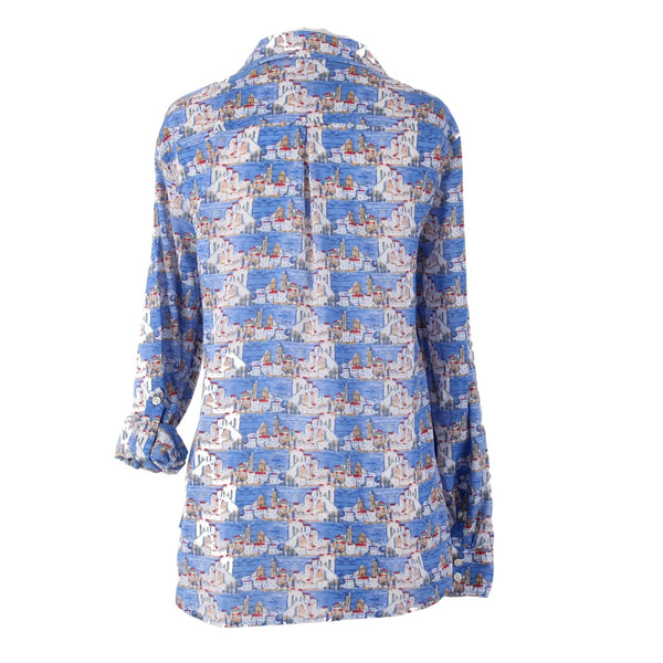 Talbots Top Sz L Blue Multi Colored Collared Buttons 100% Cotton Top