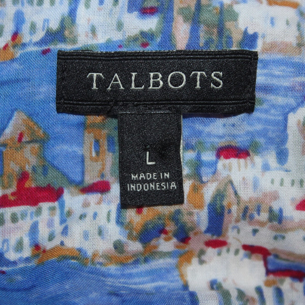 Talbots Top Sz L Blue Multi Colored Collared Buttons 100% Cotton Top