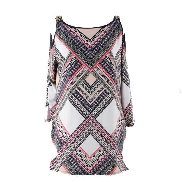 JM Collection Sz S Navy Blue Multi Cold Shoulder Gold Chain Slit Poly Blend Top