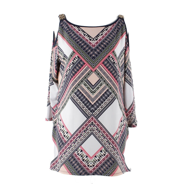 JM Collection Sz S Navy Blue Multi Cold Shoulder Gold Chain Slit Poly Blend Top