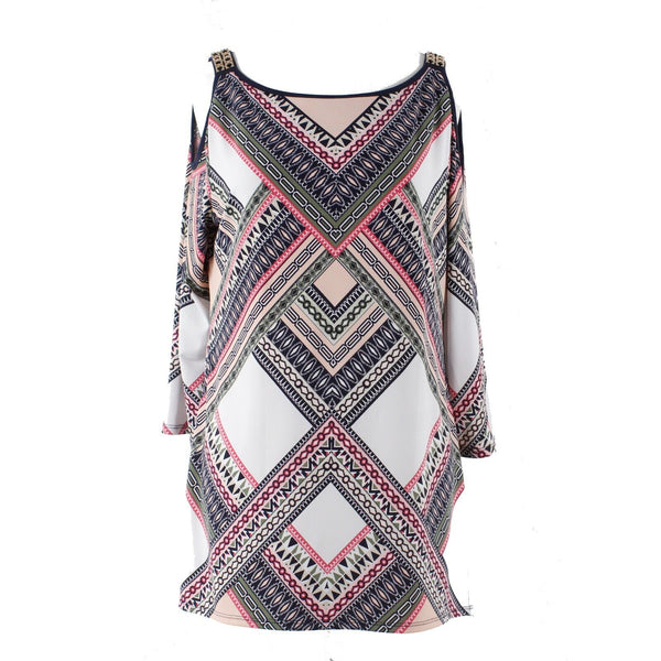 JM Collection Sz S Navy Blue Multi Cold Shoulder Gold Chain Slit Poly Blend Top