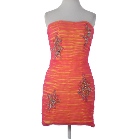 Madeline Gardner Mori Lee Sz 3/4 Pink Yellow Rhinestones Sequin 100% Poly Dress