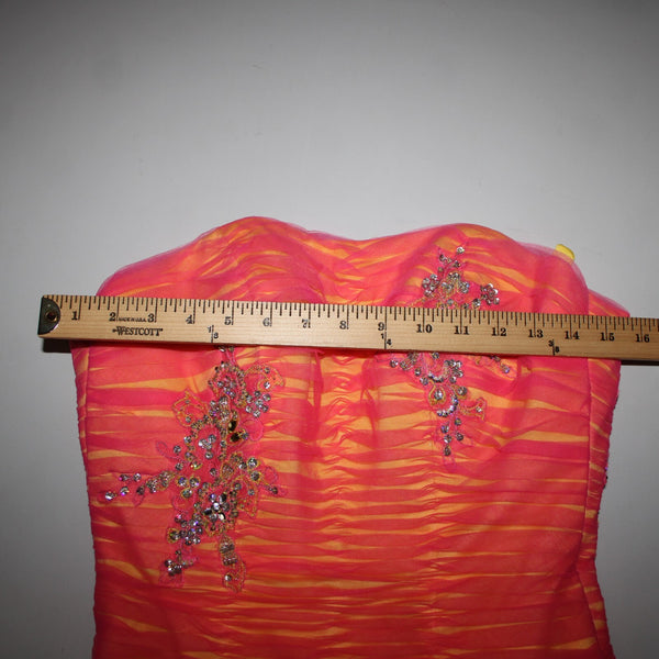 Madeline Gardner Mori Lee Sz 3/4 Pink Yellow Rhinestones Sequin 100% Poly Dress
