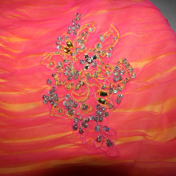 Madeline Gardner Mori Lee Sz 3/4 Pink Yellow Rhinestones Sequin 100% Poly Dress
